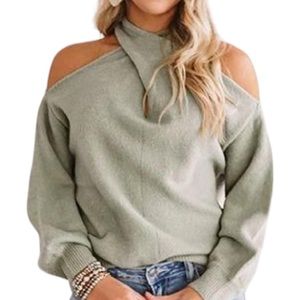 Women’s Sage Open Shoulder V-Neck Twist Detail Soft Sweater NWT (#0063)